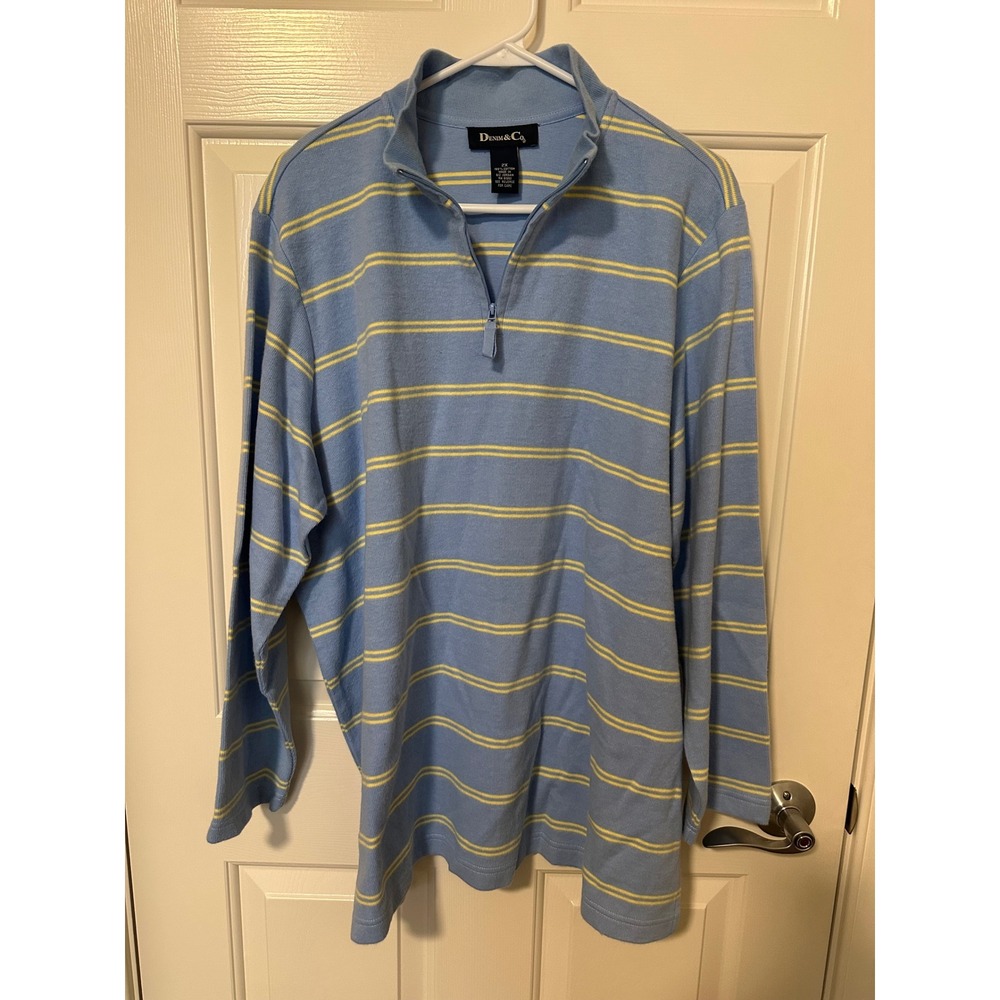 Denim & Co Top Womens 2X Blue Yellow Striped Quarter Zip Mock Neck Long Sleeve